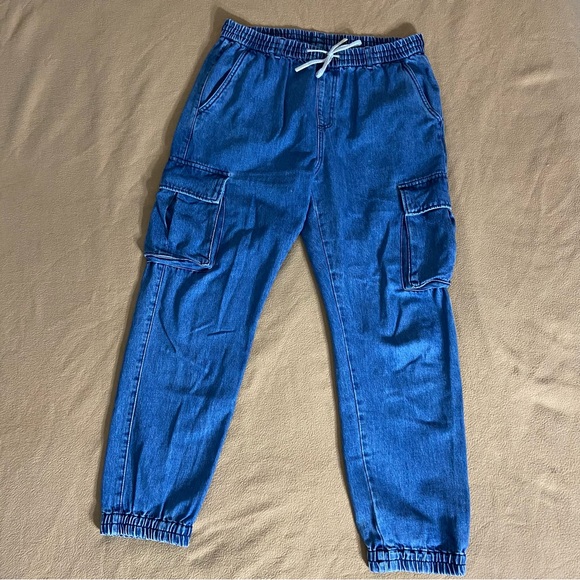 Blue Denim High-Rise Cargo Joggers - Picture 2 of 12